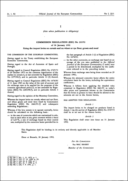 Commission Regulation (EEC) No 205/92 of 30 January 1992 fixing the import levies on cereals and on wheat or rye flour, groats and meal