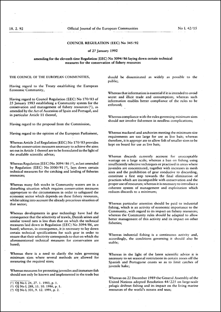 Council Regulation (EEC) No 345/92 of 27 January 1992 amending for the eleventh time Regulation (EEC) No 3094/86 laying down certain technical measures for the conservation of fishery resources