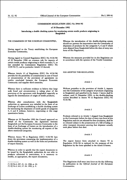 Commission Regulation (EEC) No 3944/92 of 30 December 1992 introducing a double checking system for monitoring certain textile products originating in Bangladesh