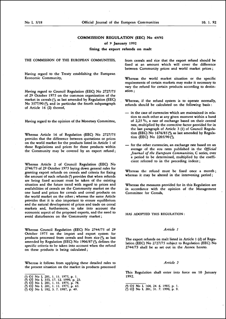 Commission Regulation (EEC) No 49/92 of 9 January 1992 fixing the export refunds on malt