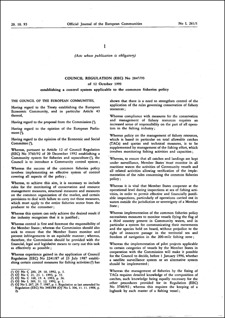 Council Regulation (EEC) No 2847/93 of 12 October 1993 establishing a control system applicable to the common fisheries policy (repealed)