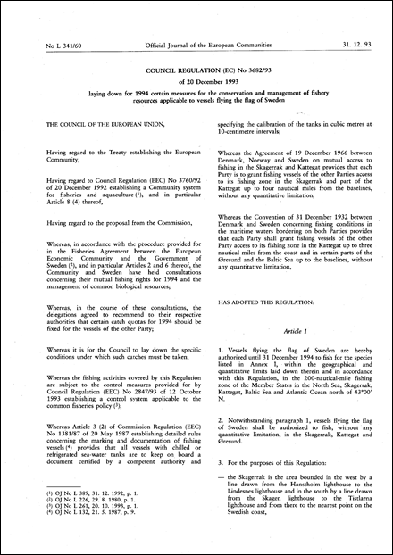 COUNCIL REGULATION (EC) No 3682/93 of 20 December 1993 laying down for 1994 certain measures for the conservation and management of fishery resources applicable to vessels flying the flag of Sweden