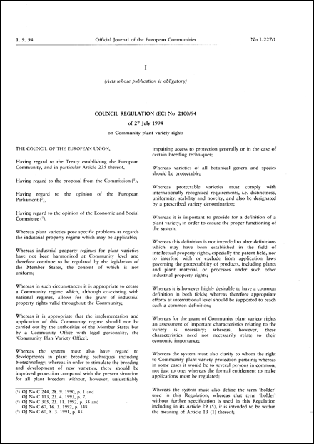 Council Regulation (EC) No 2100/94 of 27 July 1994 on Community plant variety rights