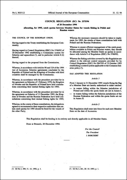 Council Regulation (EC) No 3375/94 of 20 December 1994 allocating, for 1995, catch quotas between Member States for vessels fishing in Polish and Russian waters