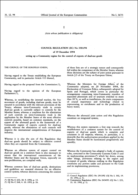 Council Regulation (EC) No 3381/94 of 19 December 1994 setting up a Community regime for the control of exports of dual-use goods