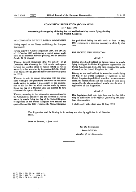Commission Regulation (EC) No 1302/95 of 7 June 1995 concerning the stopping of fishing for cod and haddock by vessels flying the flag of the United Kingdom