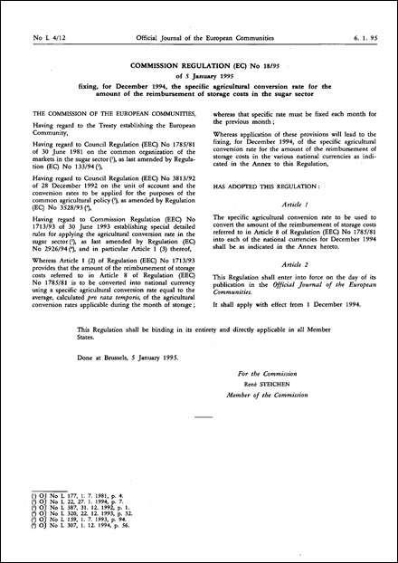 COMMISSION REGULATION (EC) No 18/95 of 5 January 1995 fixing, for December 1994, the specific agricultural conversion rate for the amount of the reimbursement of storage costs in the sugar sector