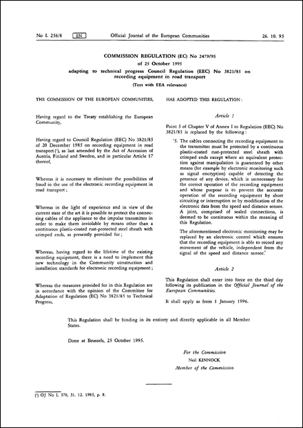 Commission Regulation (EC) No 2479/95 of 25 October 1995 adapting to technical progress Council Regulation (EEC) No 3821/85 on recording equipment in road transport (repealed)