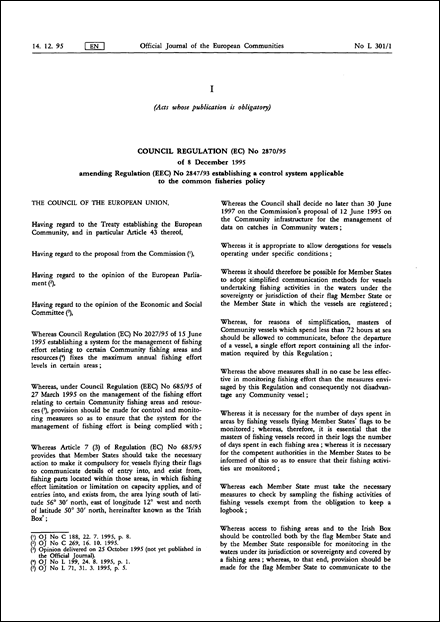 Council Regulation (EC) No 2870/95 of 8 December 1995 amending Regulation (EEC) No 2847/93 establishing a control system applicable to the common fisheries policy