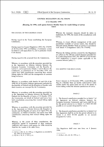 Council Regulation (EC) No 3084/95 of 21 December 1995 allocating, for 1996, catch quotas between Member States for vessels fishing in Latvian waters