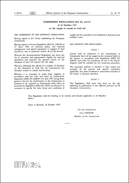 COMMISSION REGULATION (EC) No 2047/97 of 20 October 1997 on the supply of cereals as food aid