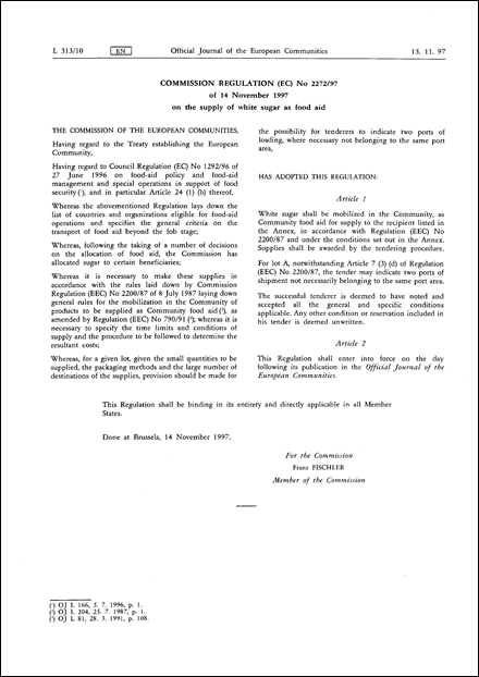 COMMISSION REGULATION (EC) No 2272/97 of 14 November 1997 on the supply of white sugar as food aid