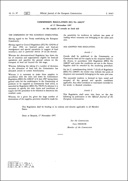COMMISSION REGULATION (EC) No 2282/97 of 17 November 1997 on the supply of cereals as food aid
