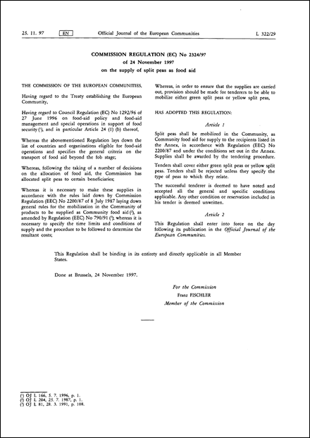 COMMISSION REGULATION (EC) No 2324/97 of 24 November 1997 on the supply of split peas as food aid
