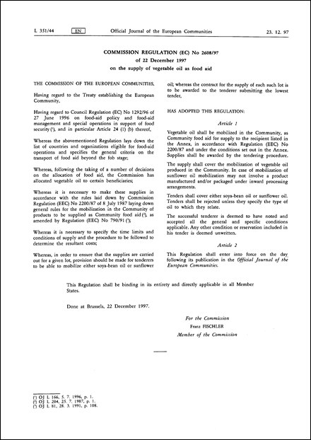 COMMISSION REGULATION (EC) No 2608/97 of 22 December 1997 on the supply of vegetable oil as food aid