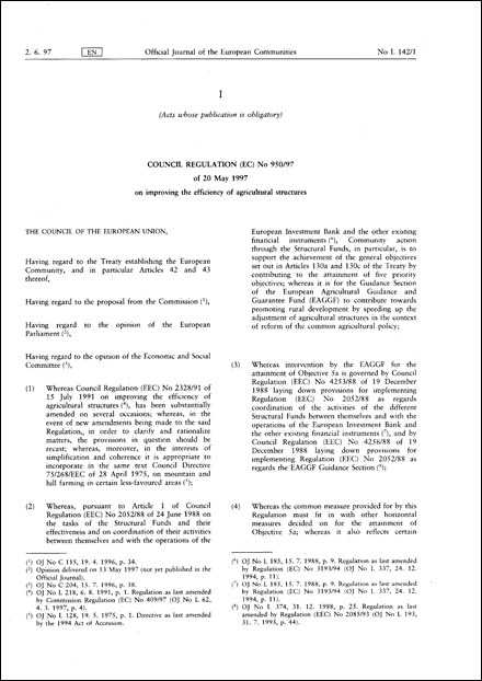 Council Regulation (EC) No 950/97 of 20 May 1997 on improving the efficiency of agricultural structures