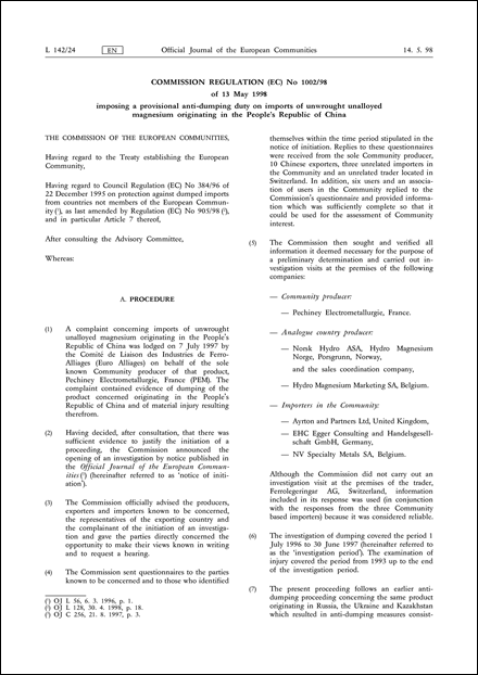 Commission Regulation (EC) No 1002/98 of 13 May 1998 imposing a provisional anti-dumping duty on imports of unwrought unalloyed magnesium originating in the People's Republic of China