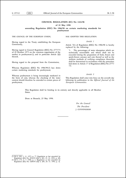 Council Regulation (EC) No 1101/98 of 25 May 1998 amending Regulation (EEC) No 1906/90 on certain marketing standards for poultrymeat