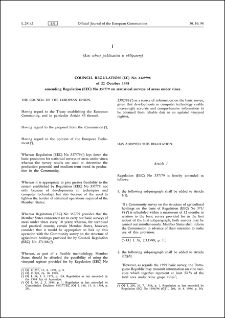 Council Regulation (EC) No 2329/98 of 22 October 1998 amending Regulation (EEC) No 357/79 on statistical surveys of areas under vines (repealed)