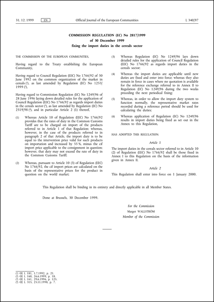 Commission Regulation (EC) No 2817/1999 of 30 December 1999 fixing the import duties in the cereals sector