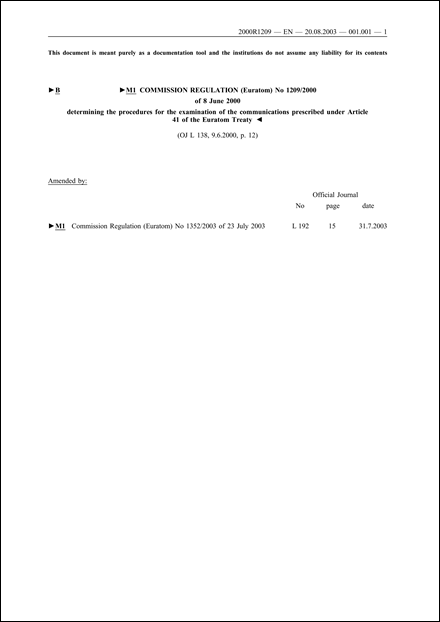 Commission Regulation (EC) No 1209/2000 of 8 June 2000 determining procedures for effecting the communications prescribed under Article 41 of the Treaty establishing the European Atomic Energy Community