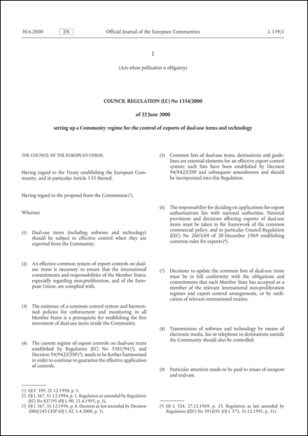 Council Regulation (EC) No 1334/2000 of 22 June 2000 setting up a Community regime for the control of exports of dual-use items and technology (repealed)
