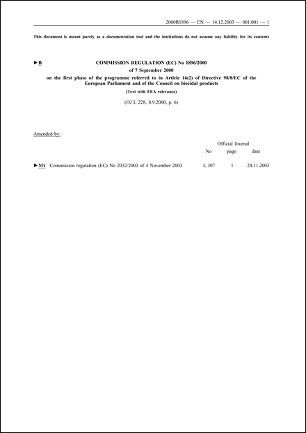 Commission Regulation (EC) No 1896/2000 of 7 September 2000 on the first phase of the programme referred to in Article 16(2) of Directive 98/8/EC of the European Parliament and of the Council on biocidal products (Text with EEA relevance)