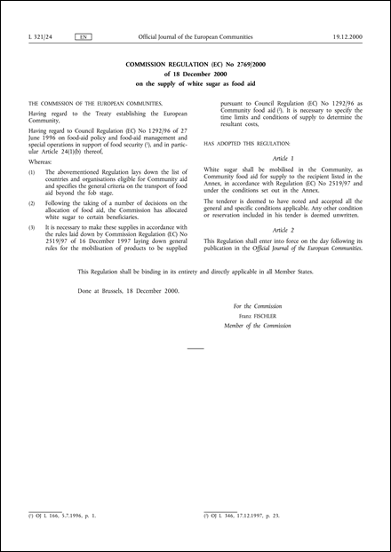 Commission Regulation (EC) No 2769/2000 of 18 December 2000 on the supply of white sugar as food aid