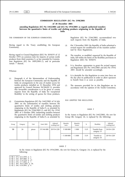 Commission Regulation (EC) No 2598/2001 of 28 December 2001 amending Regulations (EC) No 1442/2001 and (EC) No 1954/2001 as regards authorised transfers between the quantitative limits of textiles and clothing products originating in the Republic of India