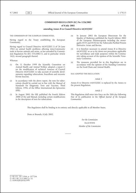 Commission Regulation (EC) No 1226/2002 of 8 July 2002 amending Annex B to Council Directive 64/432/EEC