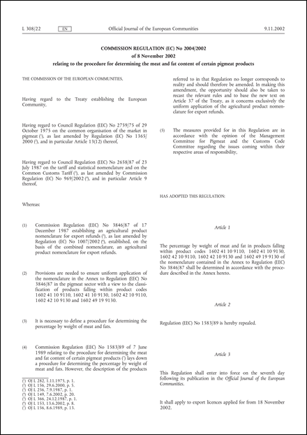 Commission Regulation (EC) No 2004/2002 of 8 November 2002 relating to the procedure for determining the meat and fat content of certain pigmeat products