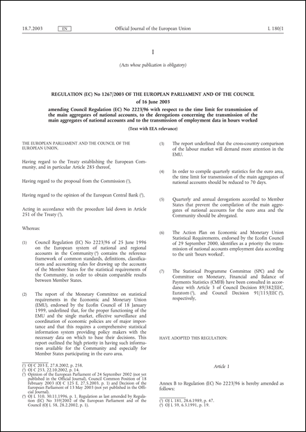Regulation (EC) No 1267/2003 of the European Parliament and of the Council of 16 June 2003 amending Council Regulation (EC) No 2223/96 with respect to the time limit for transmission of the main aggregates of national accounts, to the derogations concerning the transmission of the main aggregates of national accounts and to the transmission of employment data in hours worked (Text with EEA relevance)