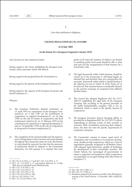 Council Regulation (EC) No 1435/2003 of 22 July 2003 on the Statute for a European Cooperative Society (SCE)