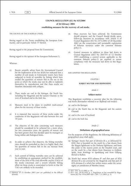Council Regulation (EC) No 423/2004 of 26 February 2004 establishing measures for the recovery of cod stocks
