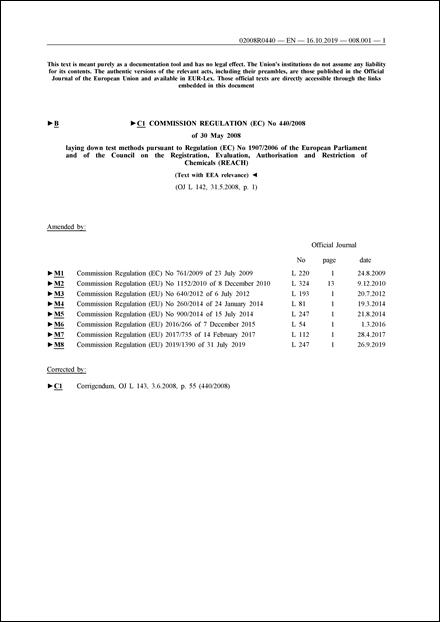 Council Regulation (EC) No 440/2008 of 30 May 2008 laying down test methods pursuant to Regulation (EC) No 1907/2006 of the European Parliament and of the Council on the Registration, Evaluation, Authorisation and Restriction of Chemicals (REACH) (Text with EEA relevance)