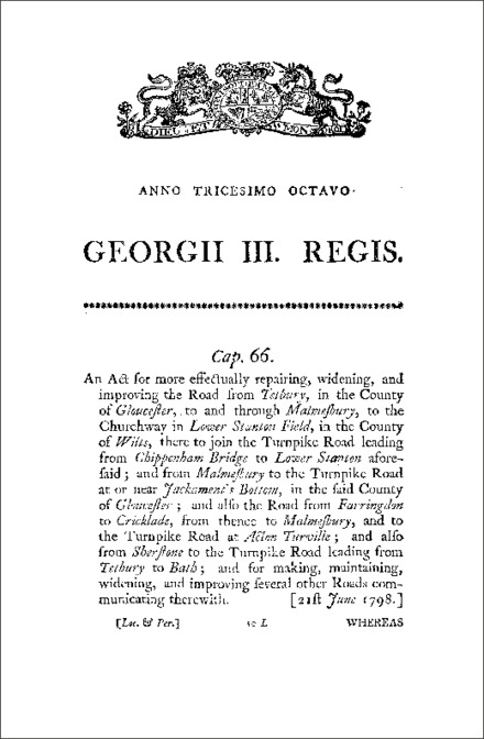 Roads from Tetbury, Malmesbury, Farringdon and Sherstone Act 1798