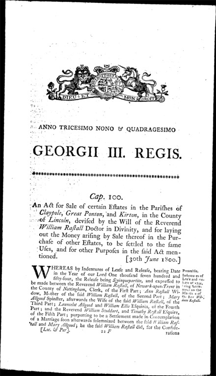 Rastall's Estate Act 1800