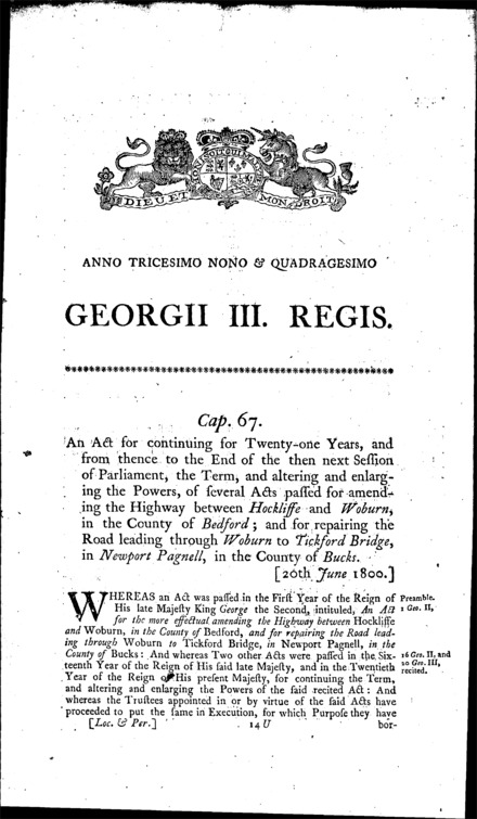 Hockliffe, Woburn and Newport Pagnell Roads Act 1800