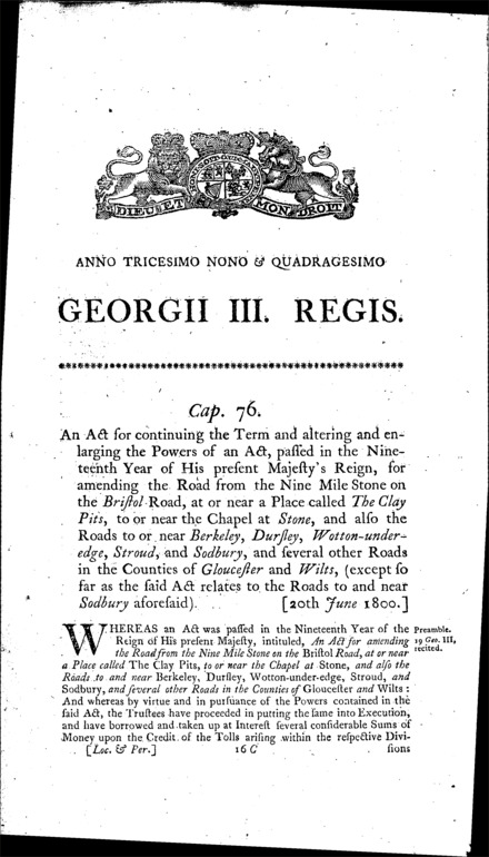 Gloucestershire and Wiltshire Roads Act 1800