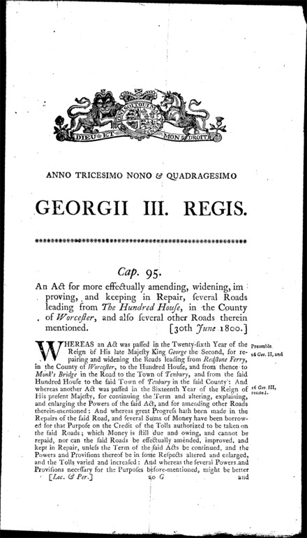 Hundred House (Worcestershire) Roads Act 1800
