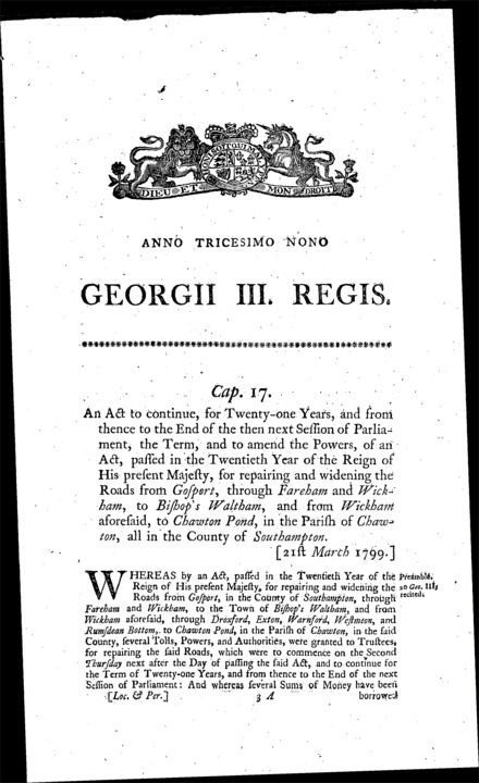 Gosport and Bishop's Waltham, and Wickham and Cawton Roads Act 1799