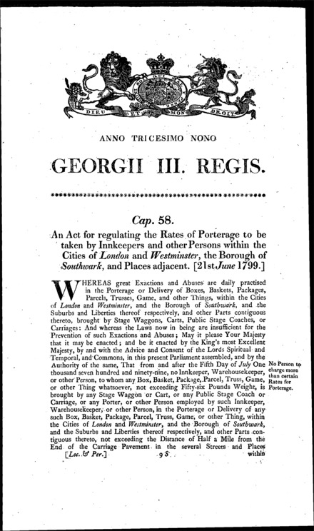 London, Westminster and Southwark Porterage Rates Act 1799