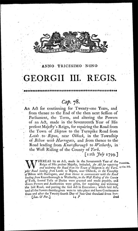 Skipton and Knaresborough Road Act 1799