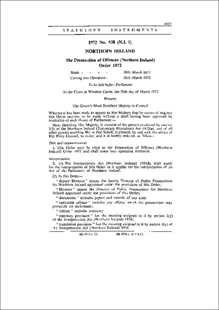 The Prosecution of Offences (Northern Ireland) Order 1972