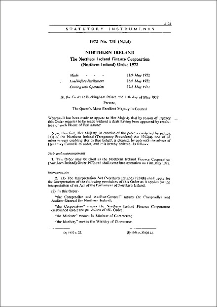 The Northern Ireland Finance Corporation (Northern Ireland) Order 1972