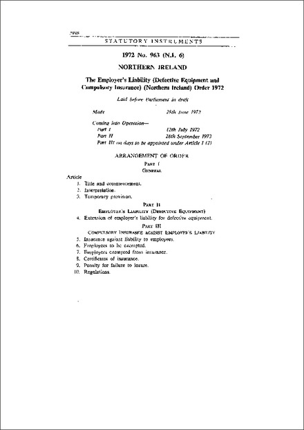 The Employer's Liability (Defective Equipment and Compulsory Insurance) (Northern Ireland) Order 1972