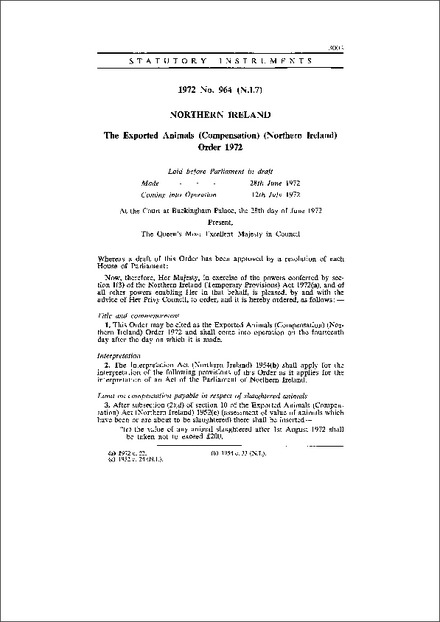 The Exported Animals (Compensation) (Northern Ireland) Order 1972