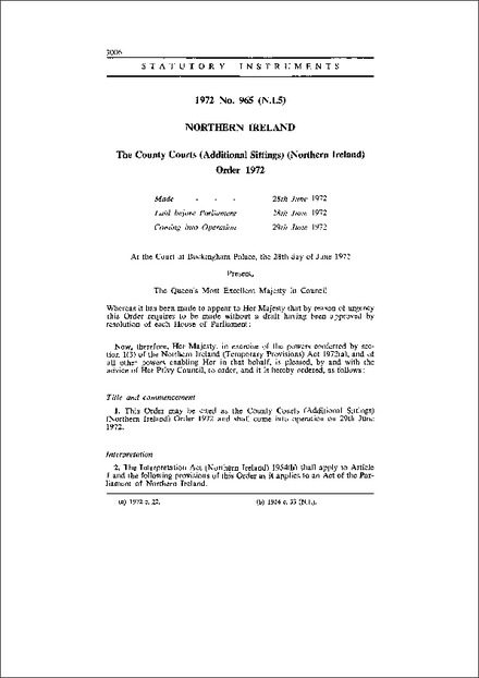 The County Courts (Additional Sittings) (Northern Ireland) Order 1972