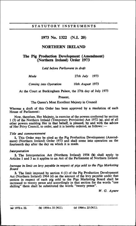 The Pig Production Development (Amendment) (Northern Ireland) Order 1973