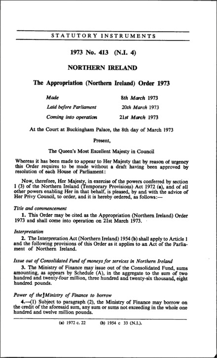 The Appropriation (Northern Ireland) Order 1973